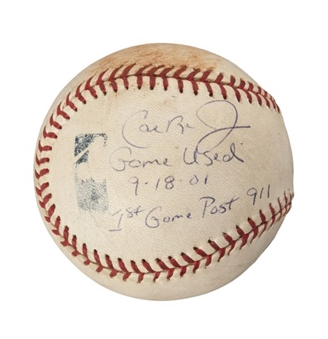 Cal Ripken Jr. Game Used and Signed Baseball From 9-18-01 (First Game After 9/11) - MLB Authenticated